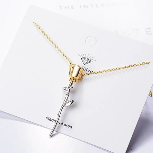 NEW 925 Sterling Silver Two Tone Rose Necklace - Picture 4 of 7